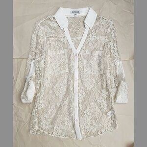 Express Portofino White Sheer Lace Blouse V-Neck Roll Tab Sleeves Size S/P